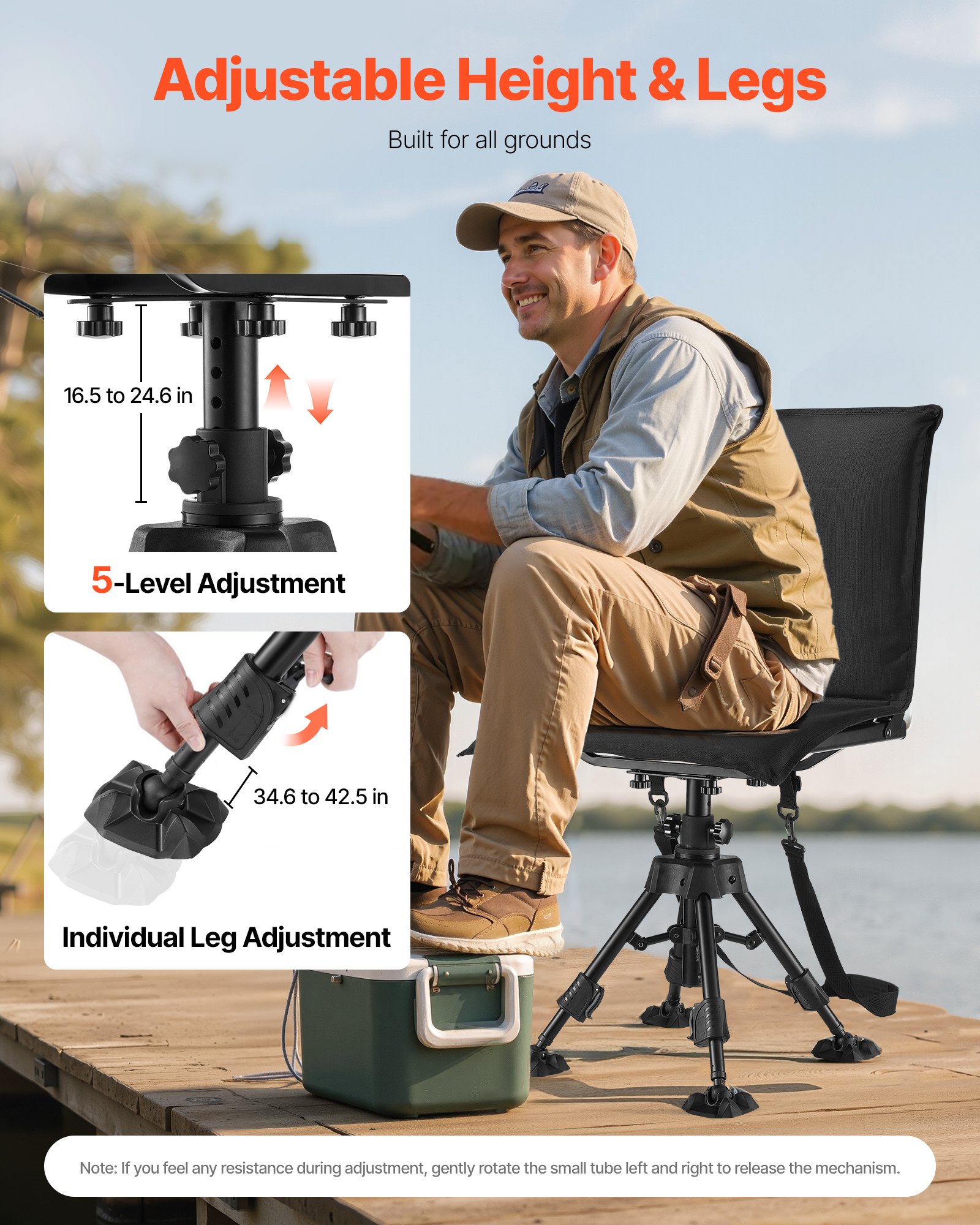 VEVOR Hunting Chair, 360° Silent Swivel, Foldable Portable Blind Chair, Heavy-Duty Steel Frame Ground Stool Seat, with Seat Cover, Anti-Sink Swivel Feet, Height Adjustable, 158 Kg Capacity for Fishing
