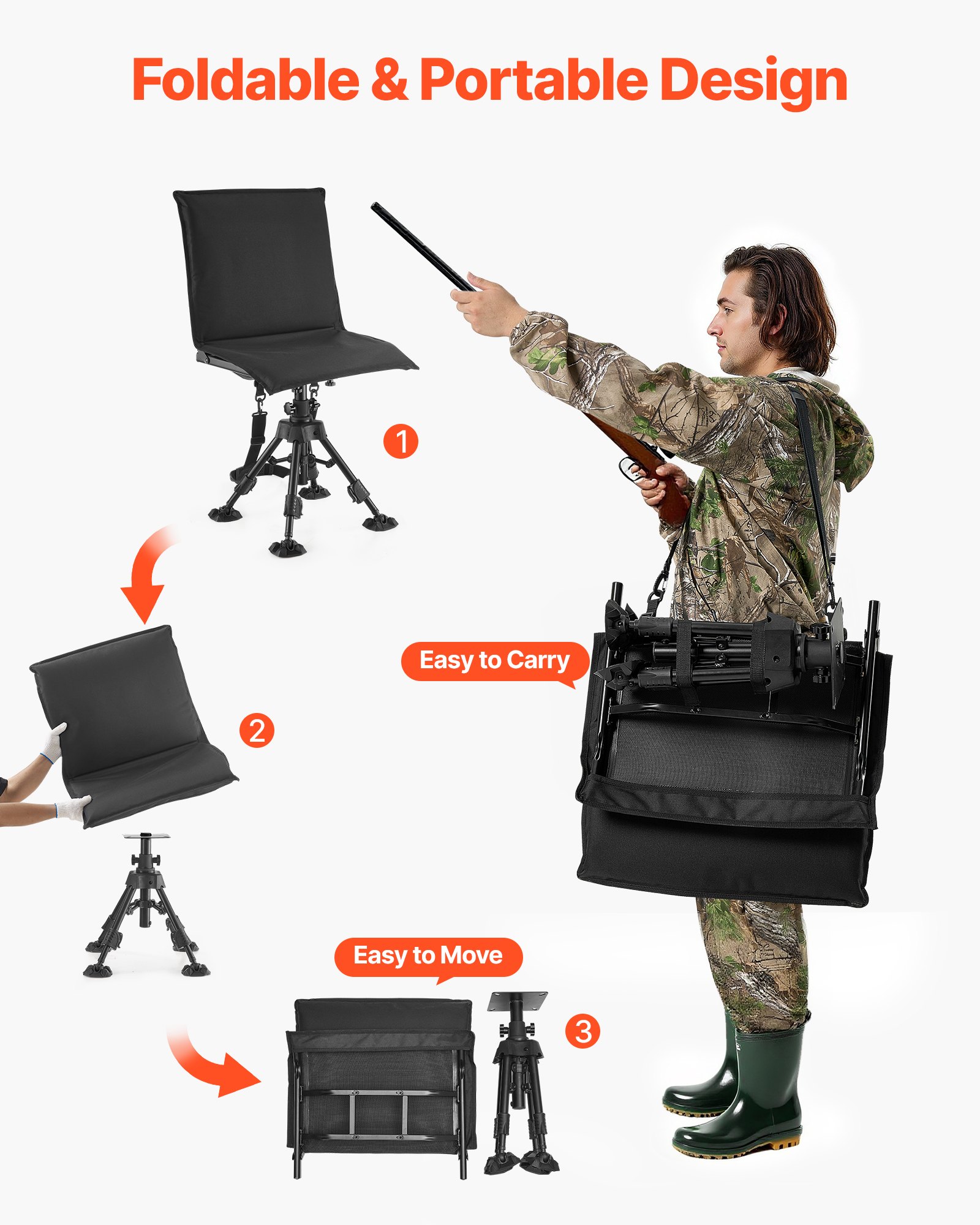 VEVOR Hunting Chair, 360° Silent Swivel, Foldable Portable Blind Chair, Heavy-Duty Steel Frame Ground Stool Seat, with Seat Cover, Anti-Sink Swivel Feet, Height Adjustable, 158 Kg Capacity for Fishing