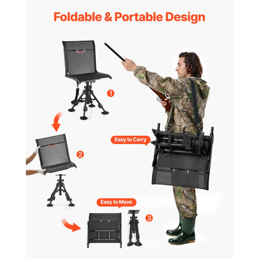 VEVOR Hunting Chair, 360° Silent Swivel, Foldable Portable Blind Chair, Heavy-Duty Steel Frame Ground Stool Seat with Anti-Sink Swivel Feet, Height Adjustable, 158 Kg Capacity for Fishing Camping