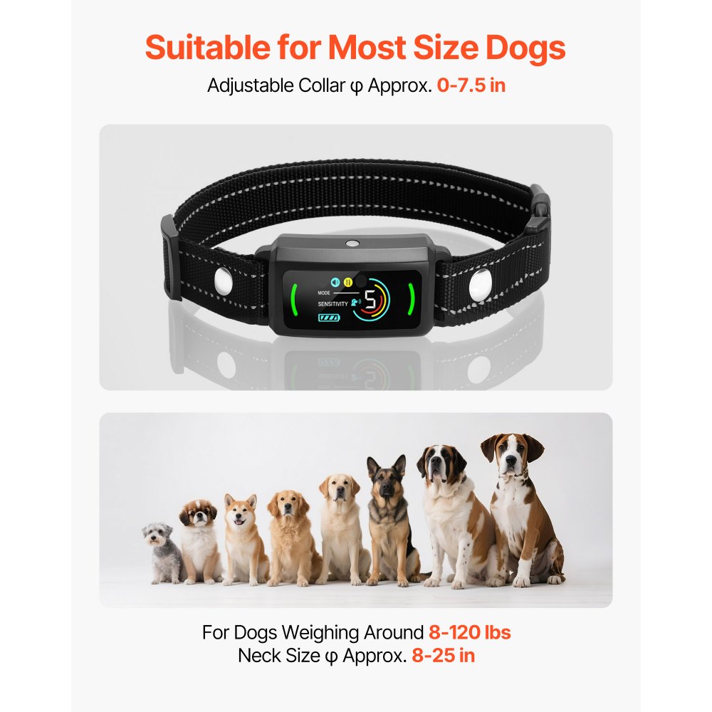Collar antiladridos VEVOR para perros, inteligente, para perros grandes, medianos y pequeños, resistente al agua IP67, recargable, dispositivo antiladridos, con 6 niveles de sensibilidad ajustables y vibración (negro)