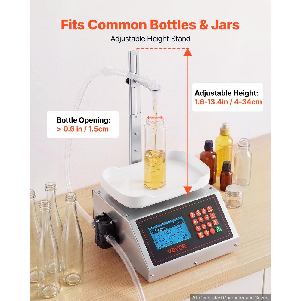 VEVOR Liquid Filling Machine, 10-1000g Recommend Automatic Bottle Filler, for Water, Detergent, Oil, Premium Stainless Steel Body, Digital Weighing, Adjustable Stand, Memory Presets, Easy to Operate