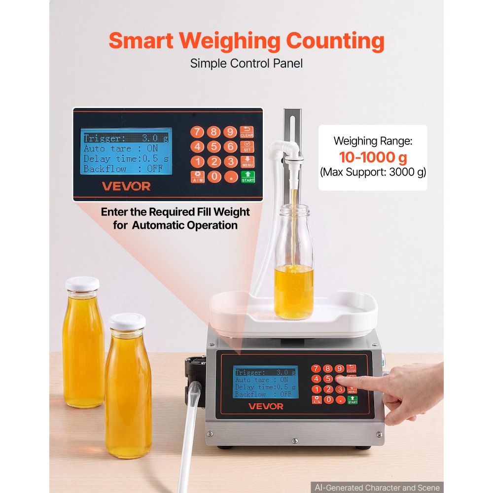 VEVOR Liquid Filling Machine, 10-1000g Recommend Automatic Bottle Filler, for Water, Detergent, Oil, Premium Stainless Steel Body, Digital Weighing, Adjustable Stand, Memory Presets, Easy to Operate