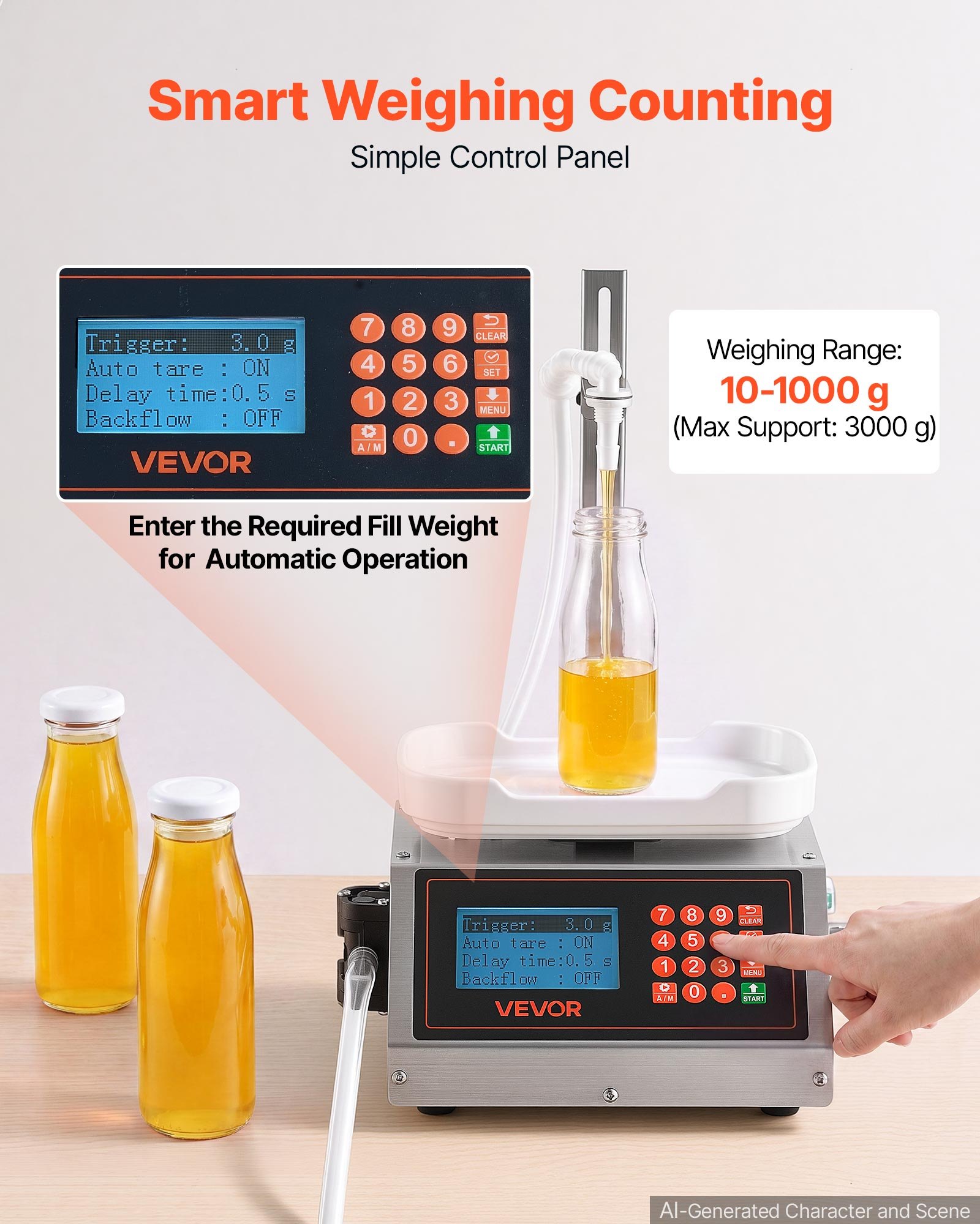 VEVOR Liquid Filling Machine, 10-1000g Recommend Automatic Bottle Filler, for Water, Detergent, Oil, Premium Stainless Steel Body, Digital Weighing, Adjustable Stand, Memory Presets, Easy to Operate