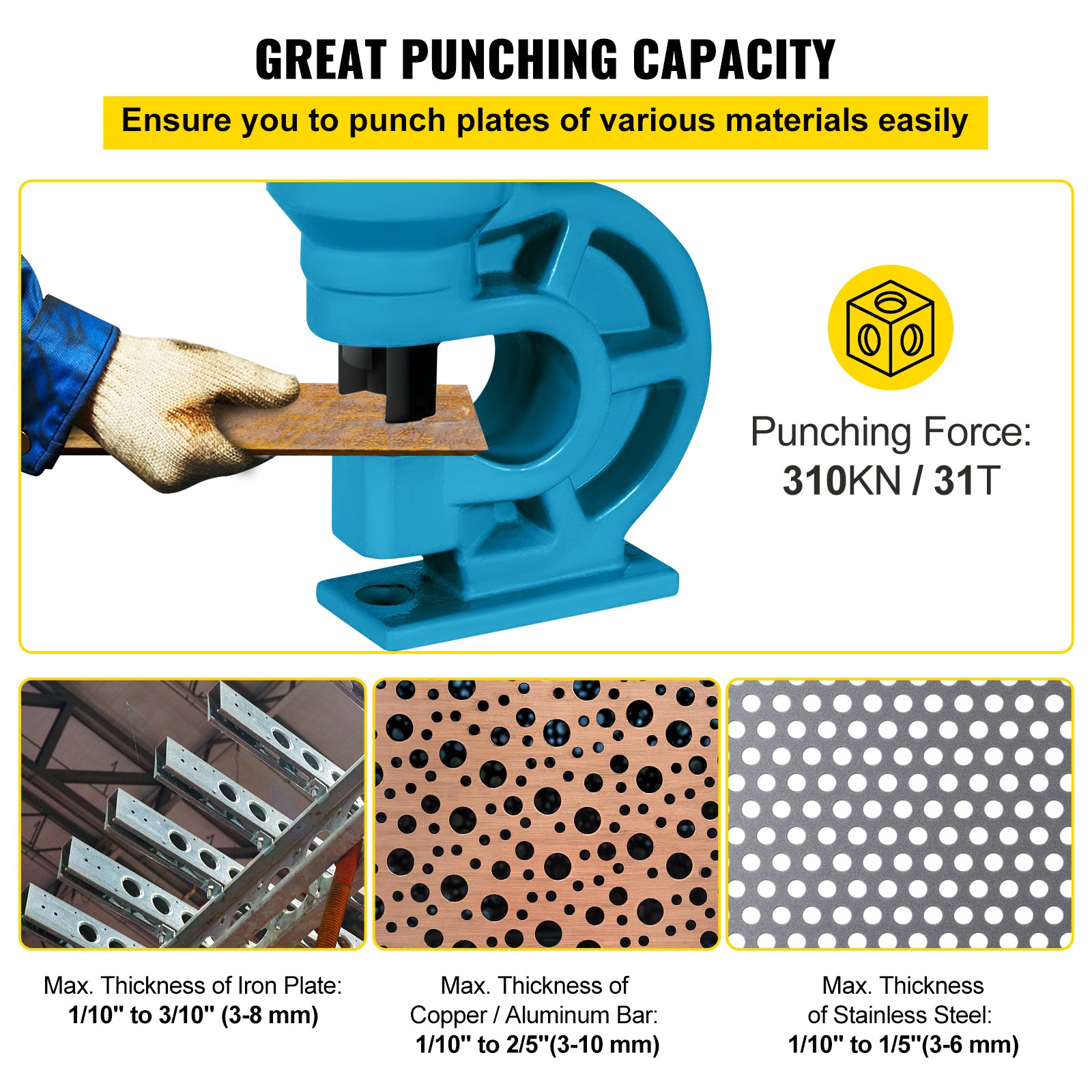 VEVOR CH-60 Hydraulic Hole Puncher Punching Machine Hole Digger Hydraulic Hole Punching Tool for Copper Aluminum Iron Stainless Steel Plate, with 31T Copper Bar H Style Single Oil Return