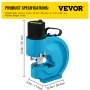 VEVOR hydraulic hole punching tool, blue, with dimensions and specifications displayed.