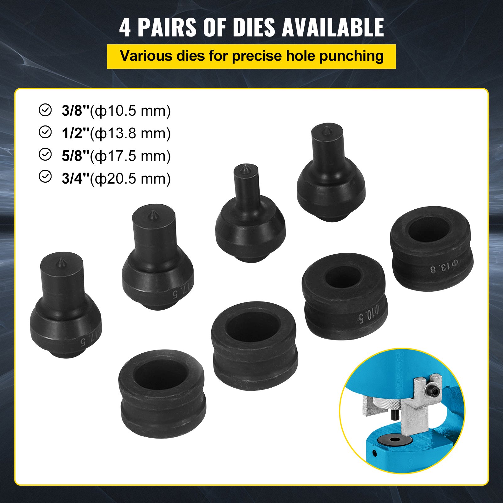 VEVOR hydraulic hole punching tool with 4 pairs of dies: 3/8&quot;, 1/2&quot;, 5/8&quot;, 3/4&quot;.