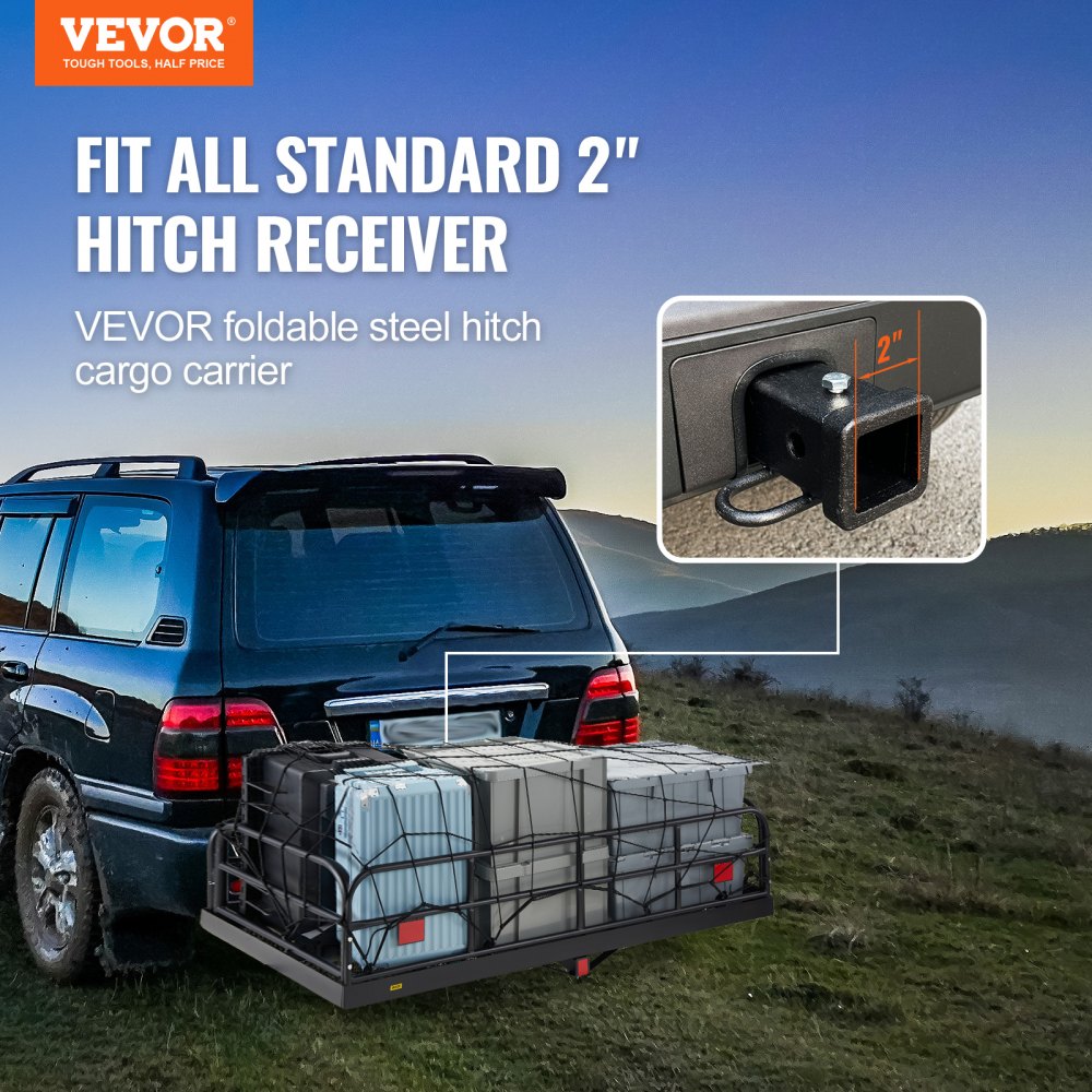 VEVOR Hitch Cargo Carrier, 60 x 24 x 14 in Folding Trailer Hitch Mounted Steel Cargo Basket, 400lbs Loading Capacity Luggage CA