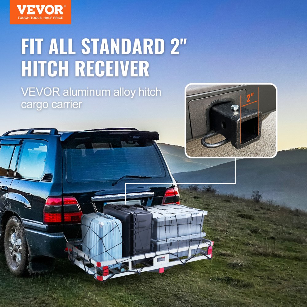 suv with VEVOR hitch cargo carrier loaded with gear, showcasing fit for standard 2&quot; hitch receiver.