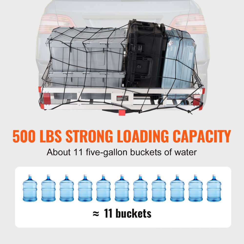 VEVOR hitch cargo carrier loaded with containers and net, supporting 500 lbs, equivalent to 11 water buckets.