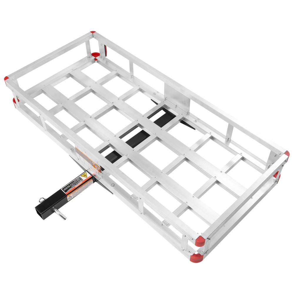 VEVOR hitch cargo carrier with aluminum frame and red corner accents.