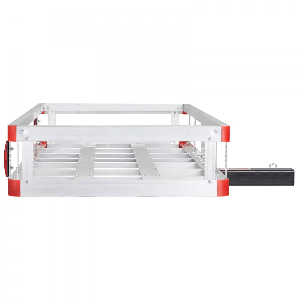 aluminum VEVOR hitch cargo carrier with red corner accents and attached hitch mount.