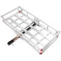 VEVOR hitch cargo carrier with aluminum frame and red corner accents.