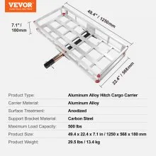VEVOR 49.4 x 22.4 x 7.1 in Hitch Cargo Carrier, 500lbs Loading Capacity Trailer Hitch Mounted Cargo Basket, Rust-proof Aluminum Luggage Carrier Rack Fits 2" Hitch Receiver for SUV Truck Pickup Camping