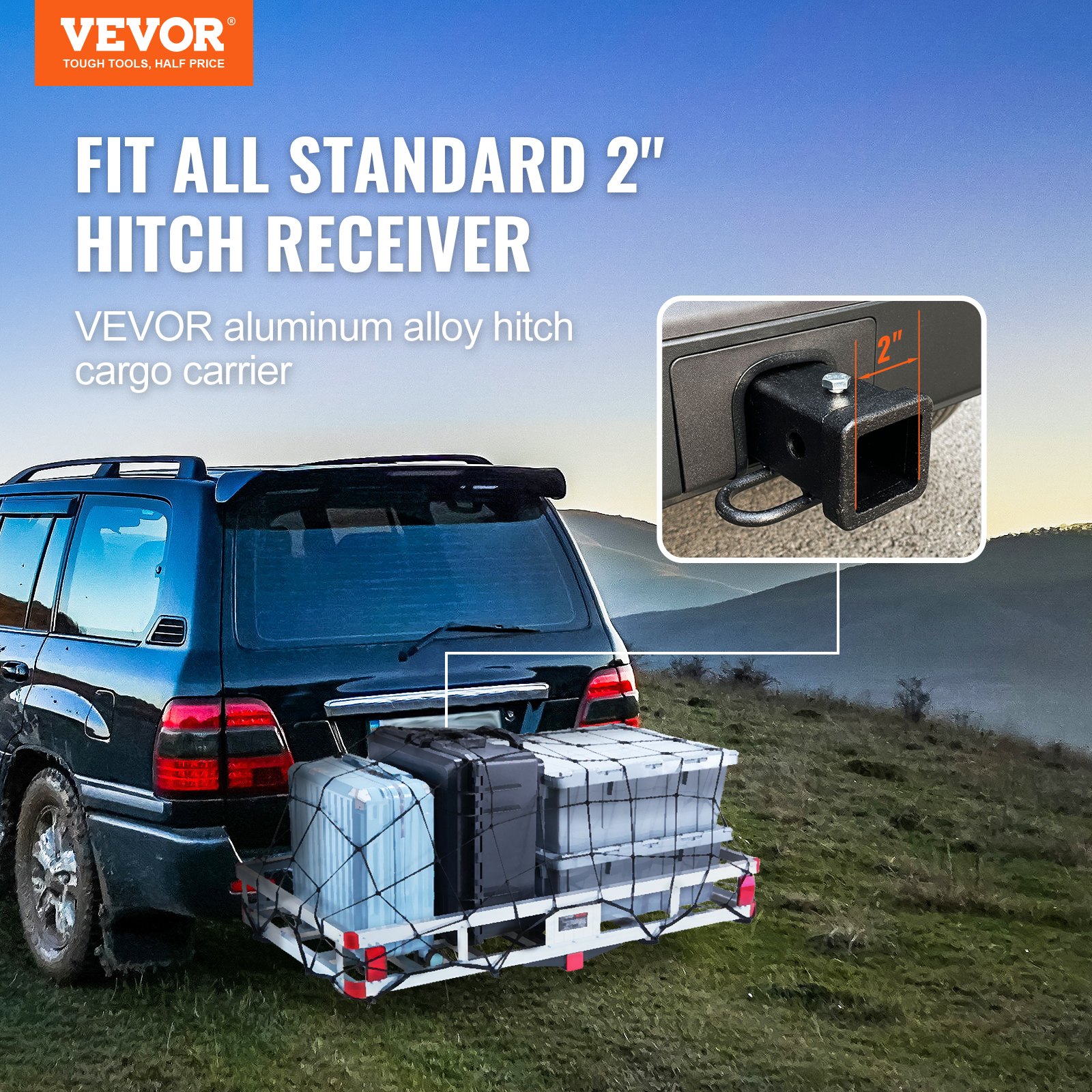 suv with VEVOR hitch cargo carrier loaded with gear, showcasing fit for standard 2&quot; hitch receiver.