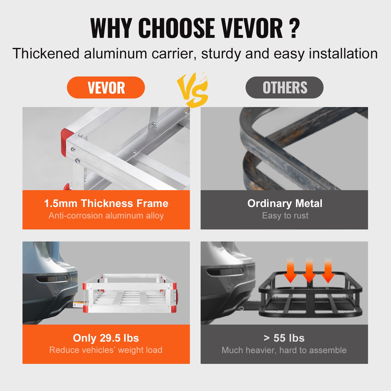 VEVOR hitch cargo carrier comparison: thickened aluminum frame vs. ordinary metal, lighter weight.