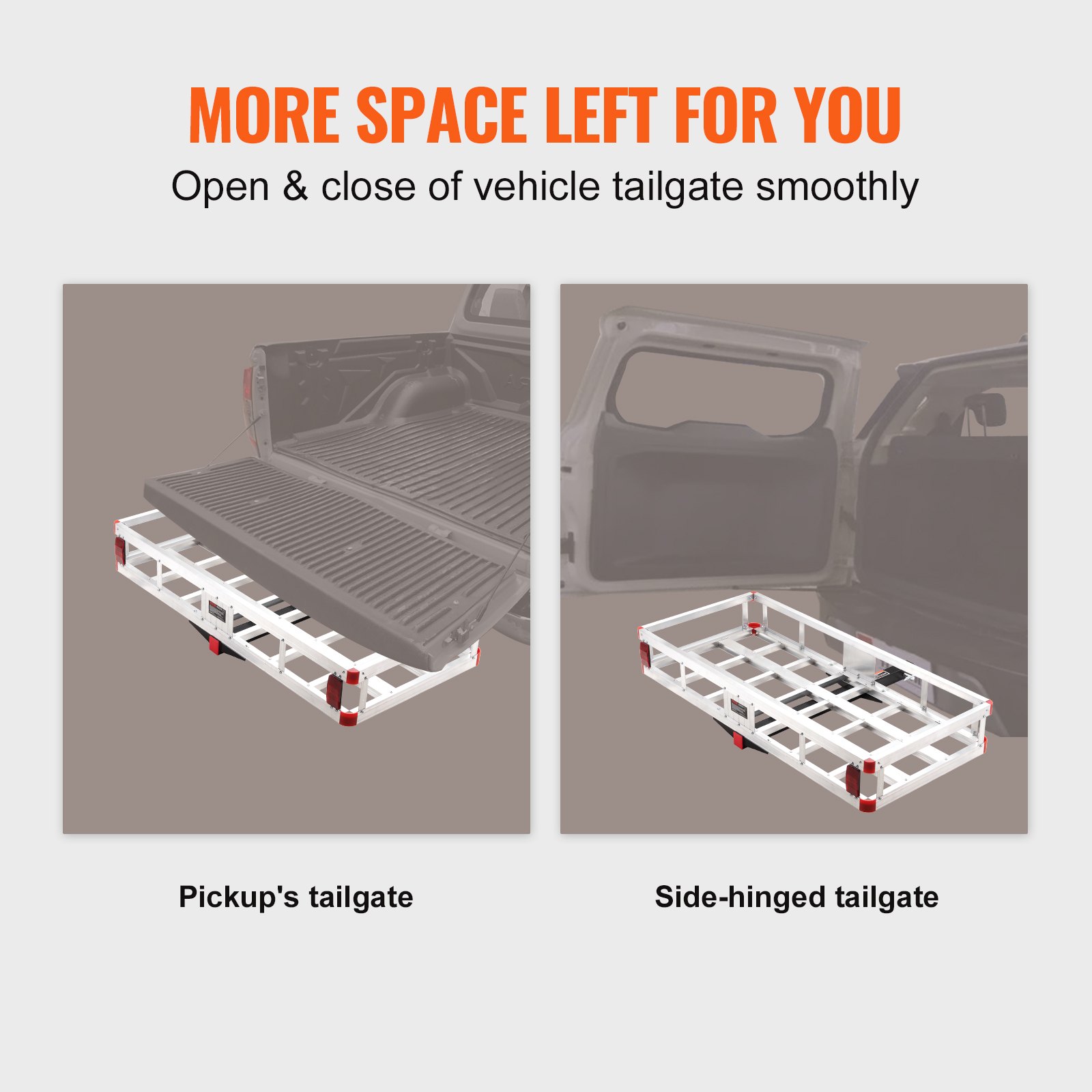 VEVOR hitch cargo carrier demonstrating compatibility with pickup and side-hinged tailgates.