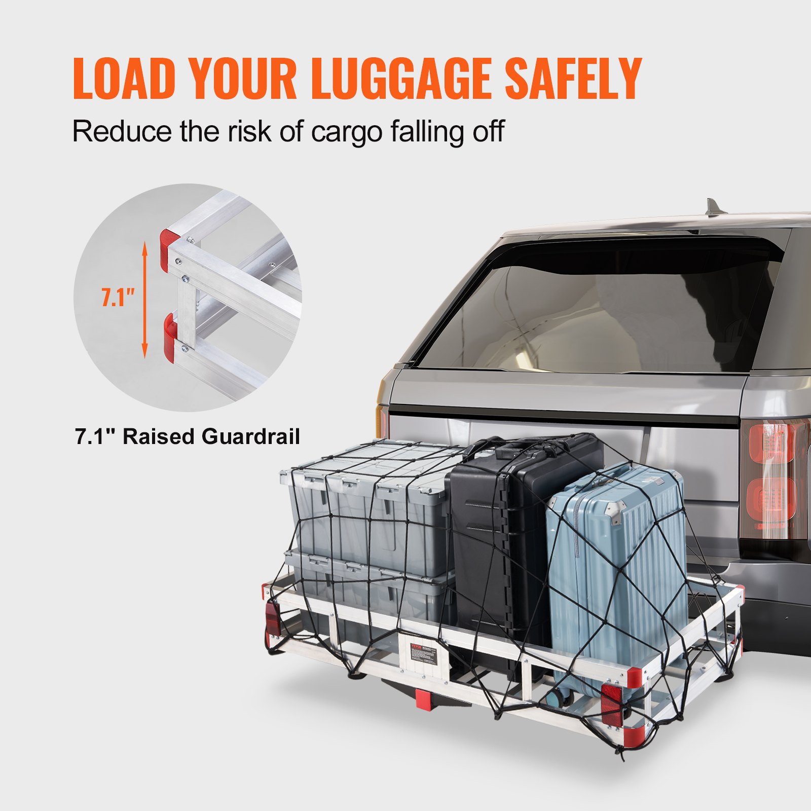 VEVOR hitch cargo carrier with raised guardrail loaded with suitcases and bins attached to suv rear.