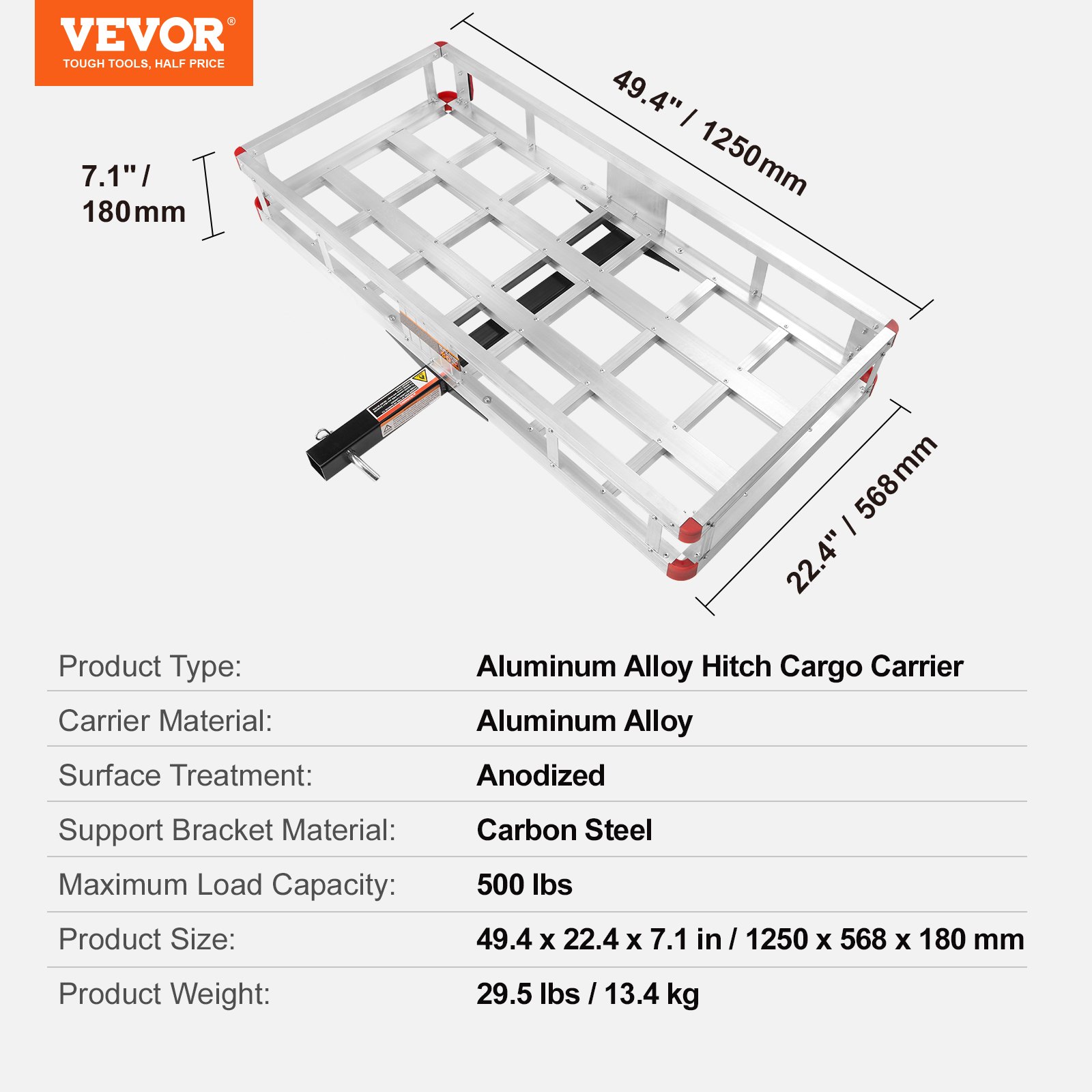 VEVOR hitch cargo carrier, 49.4&quot;x22.4&quot;x7.1&quot;, aluminum alloy, max load 500 lbs, weighs 29.5 lbs.