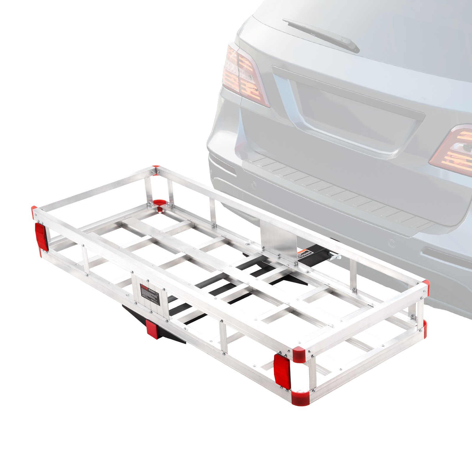 VEVOR hitch cargo carrier attached to a car, showcasing a durable aluminum frame with red corner accents.