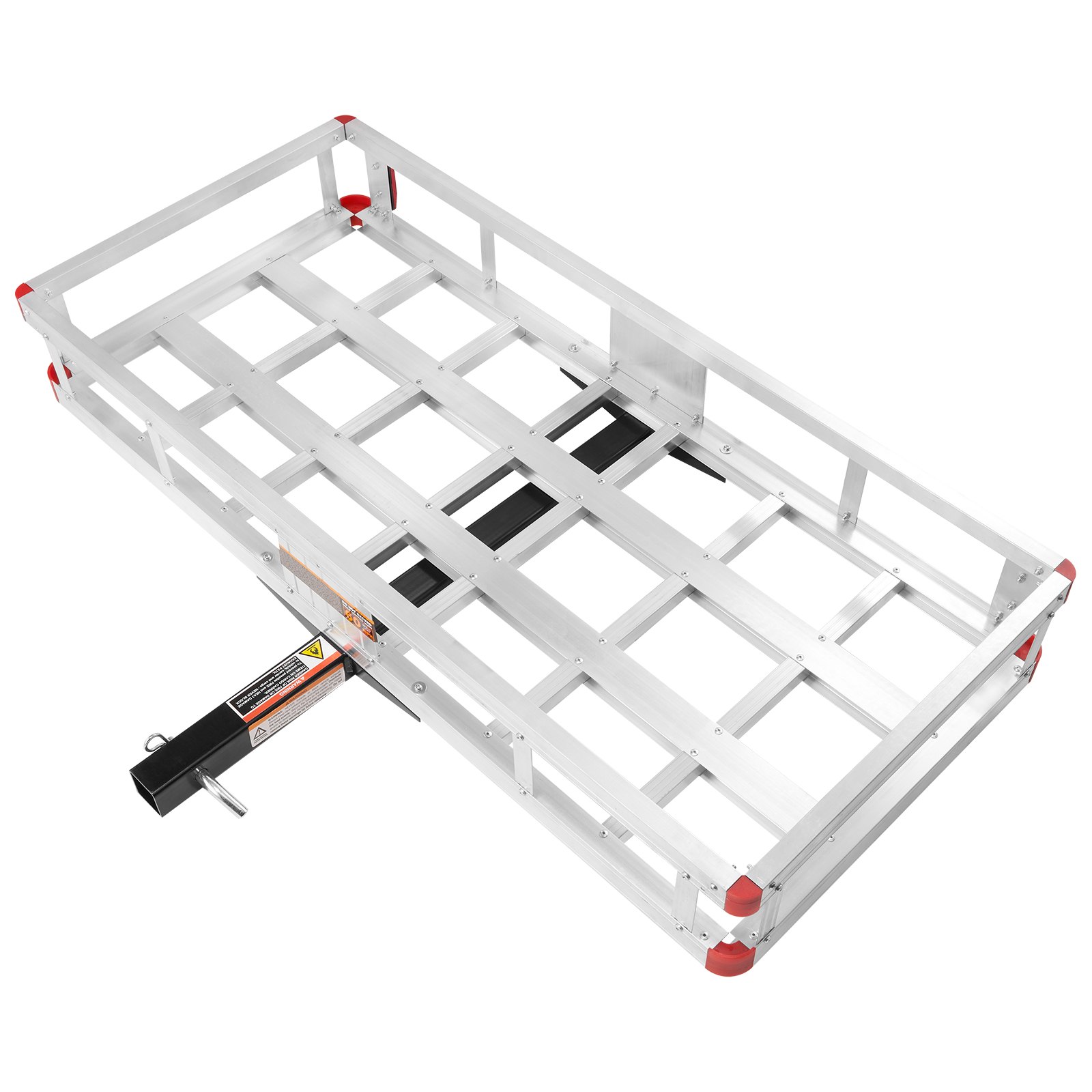 VEVOR hitch cargo carrier with aluminum frame and red corner accents.