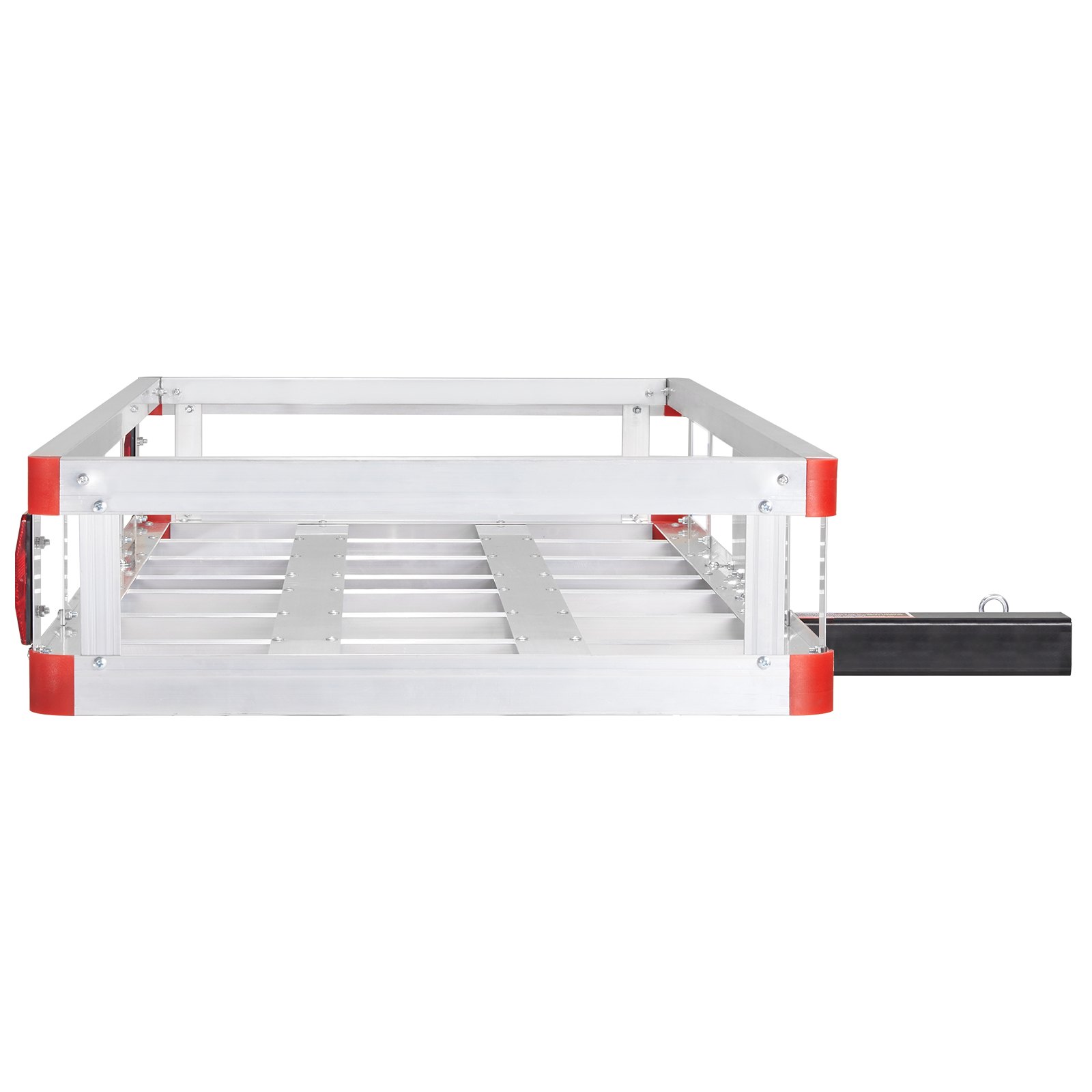 aluminum VEVOR hitch cargo carrier with red corner accents and attached hitch mount.