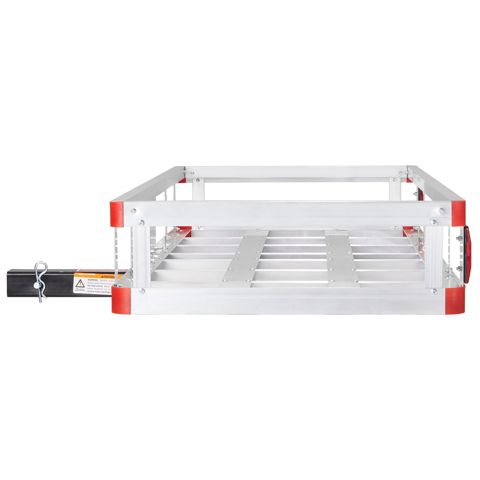 silver VEVOR hitch cargo carrier with red corner guards and safety pin, attached to a black hitch receiver.
