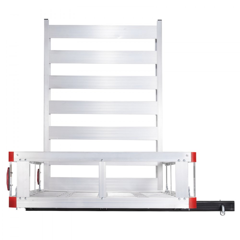 aluminum VEVOR hitch cargo carrier with red corner markers and vertical slatted back.