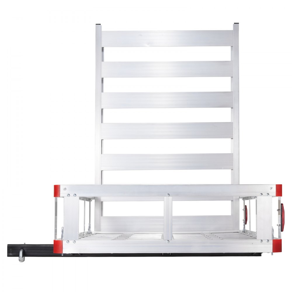 aluminum VEVOR hitch cargo carrier with rear reflectors and tall side walls for extra security.