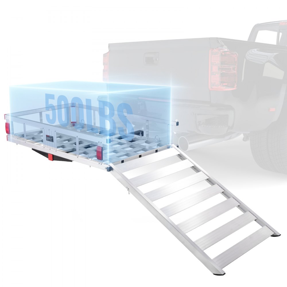VEVOR 50 x 29.5 x 8.7 inch Hitch Cargo Carrier, 500lbs Capacity Trailer Hitch Mounted Cargo Basket, Aluminum Luggage Carrier Rack with Folding Ramp, Fits 2" Hitch Receiver for SUV Truck Pickup Camping