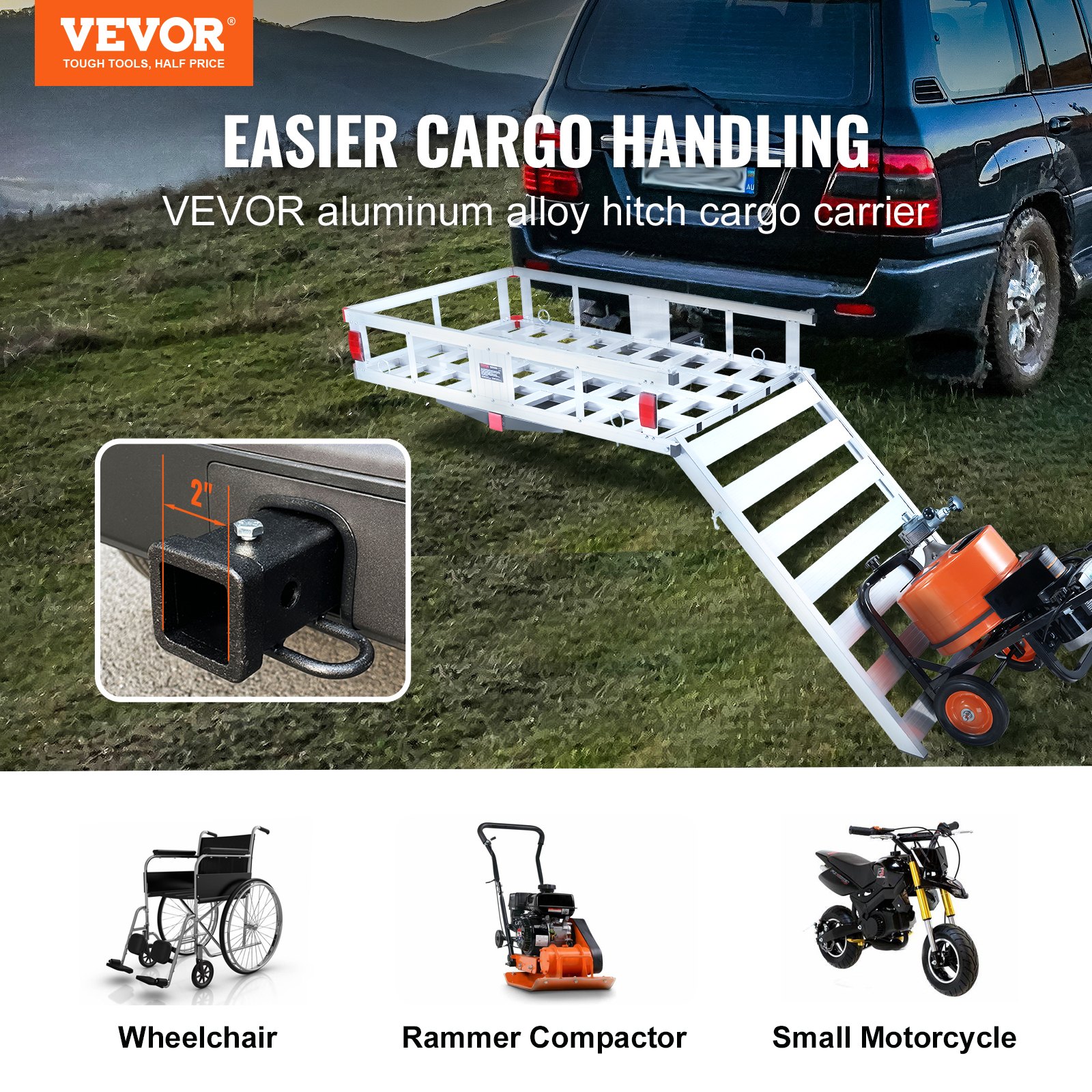 VEVOR hitch cargo carrier attached to suv, with ramp loading a small motorcycle, wheelchair, and compactor.