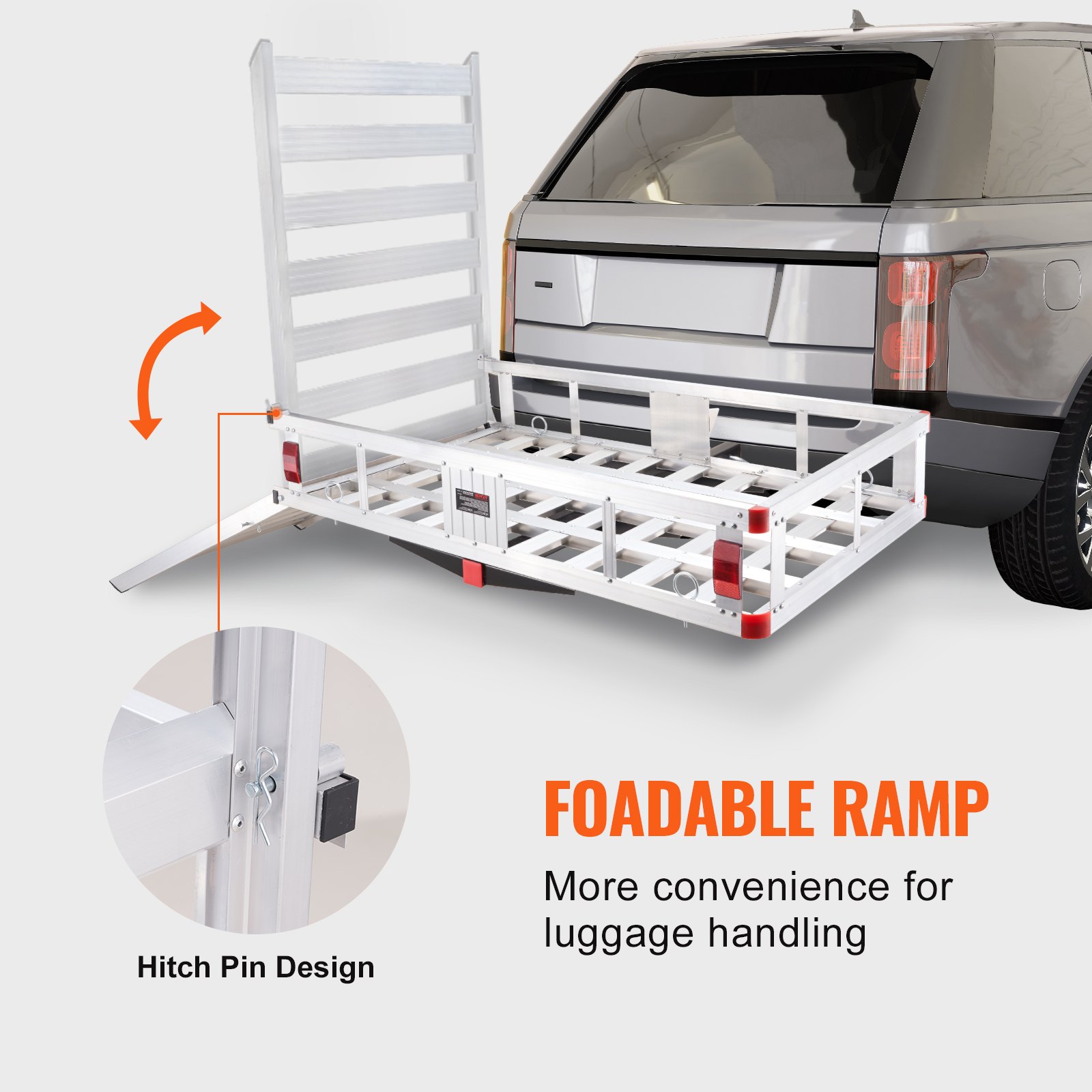 suv with VEVOR hitch cargo carrier featuring a foldable ramp and hitch pin design for luggage handling.