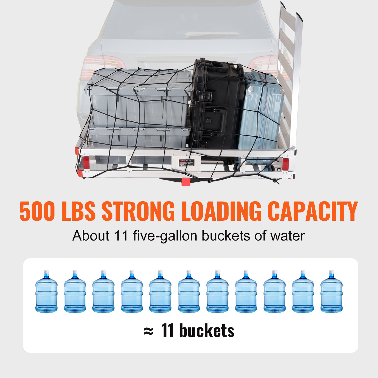 VEVOR hitch cargo carrier loaded with bins, showcasing 500 lbs capacity, displayed as 11 five-gallon water buckets.