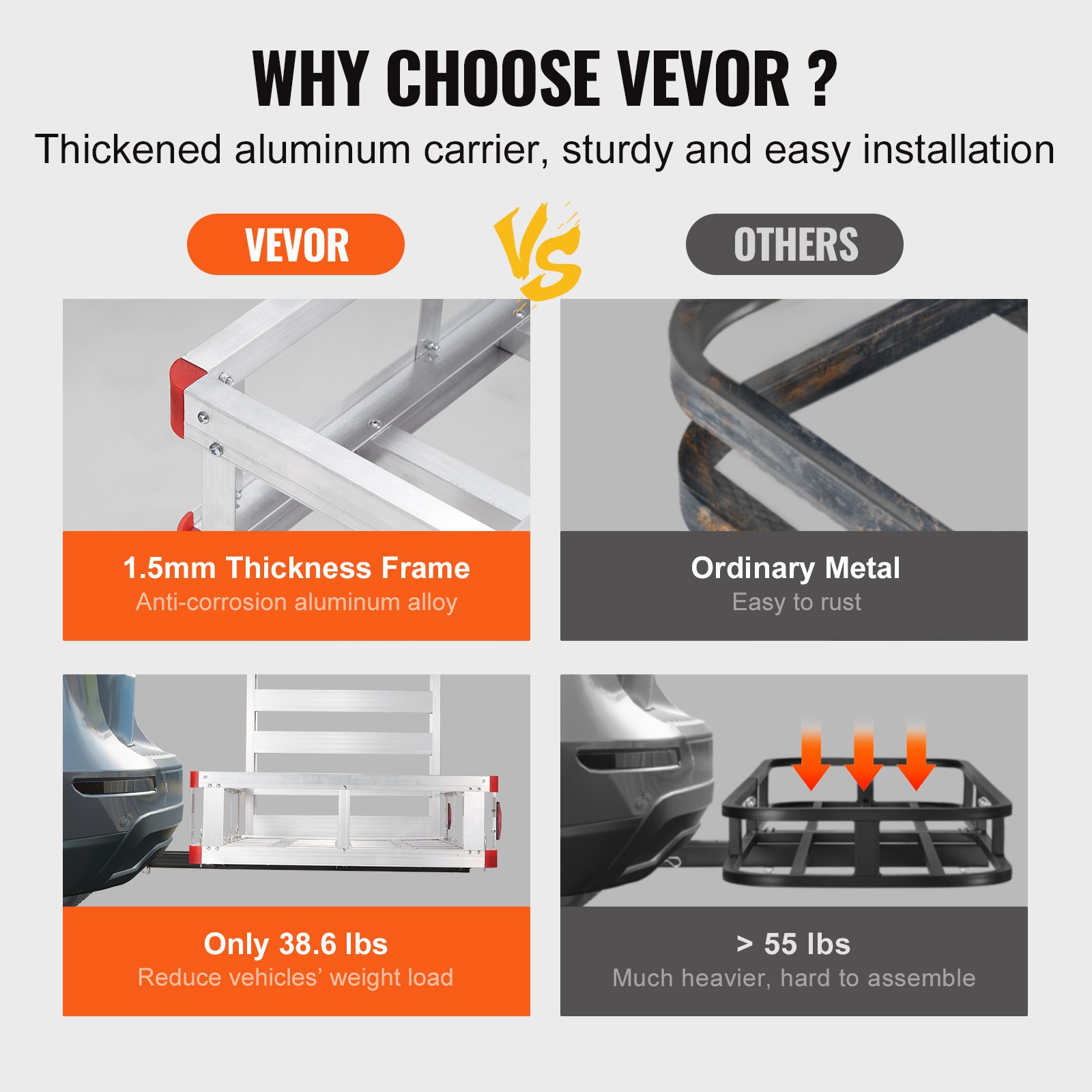 VEVOR hitch cargo carrier vs. others: lightweight anti-corrosion frame, easy installation, and reduced vehicle load.