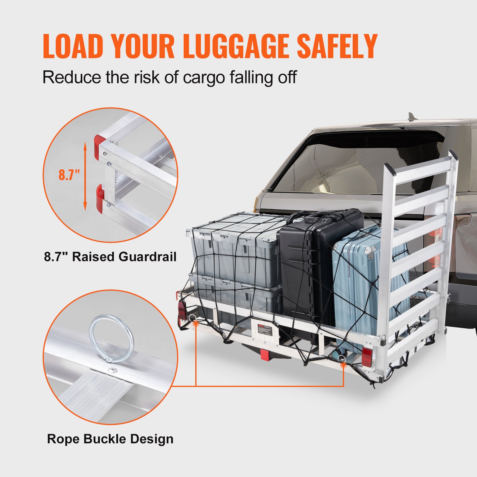 VEVOR hitch cargo carrier with 8.7&quot; raised guardrail, rope buckle design, and loaded luggage boxes.