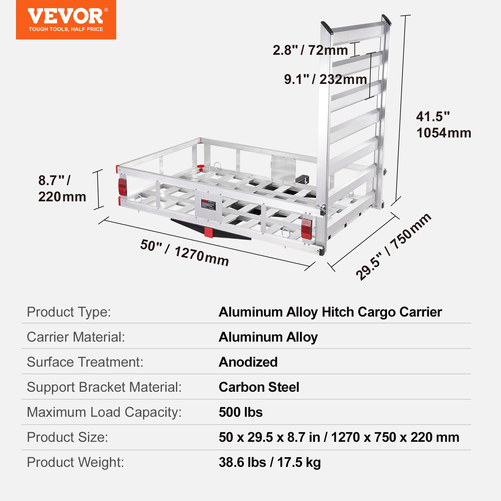 VEVOR hitch cargo carrier, aluminum alloy, 50&quot;x29.5&quot;x8.7&quot;, max load 500lbs, carbon steel bracket.