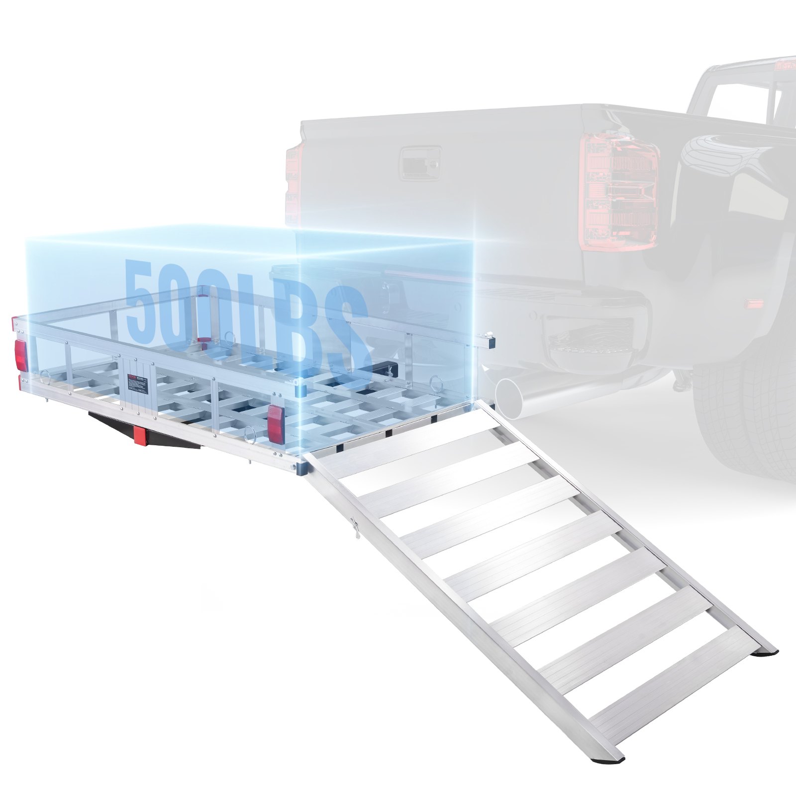 VEVOR hitch cargo carrier attached to a truck with a loading ramp and 500lbs capacity.