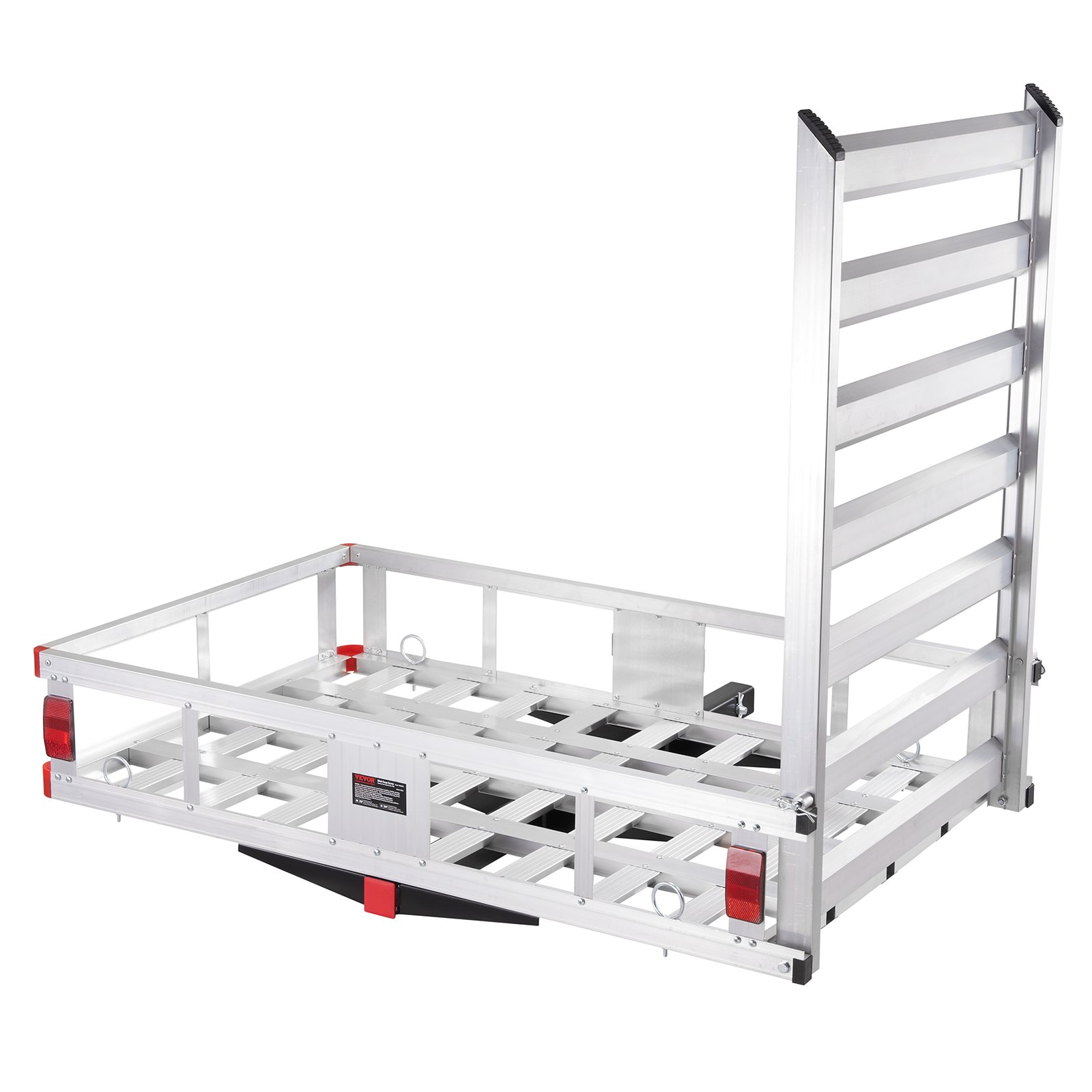 aluminum VEVOR hitch cargo carrier with reflective lights and tall loading ramp.