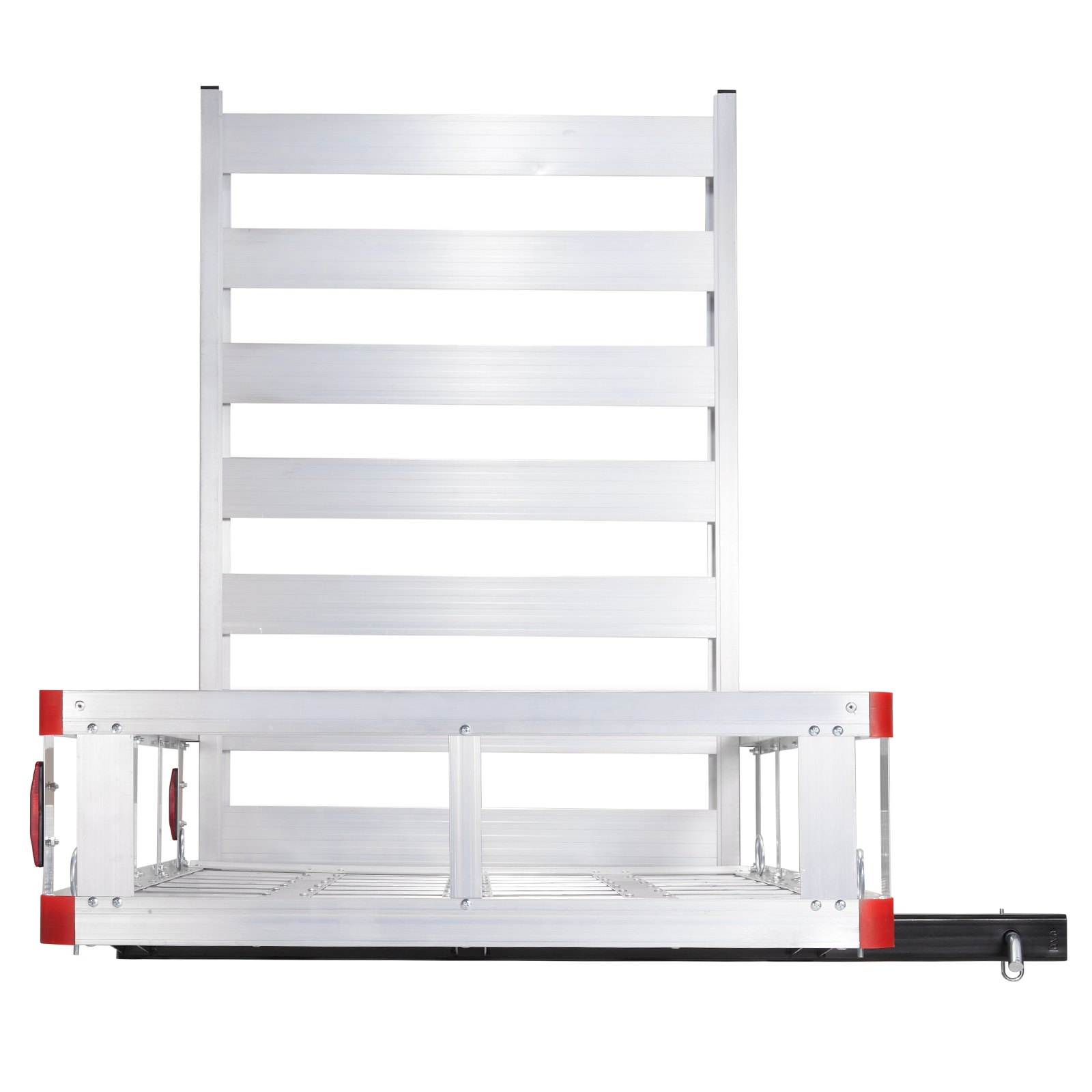 aluminum VEVOR hitch cargo carrier with red corner markers and vertical slatted back.