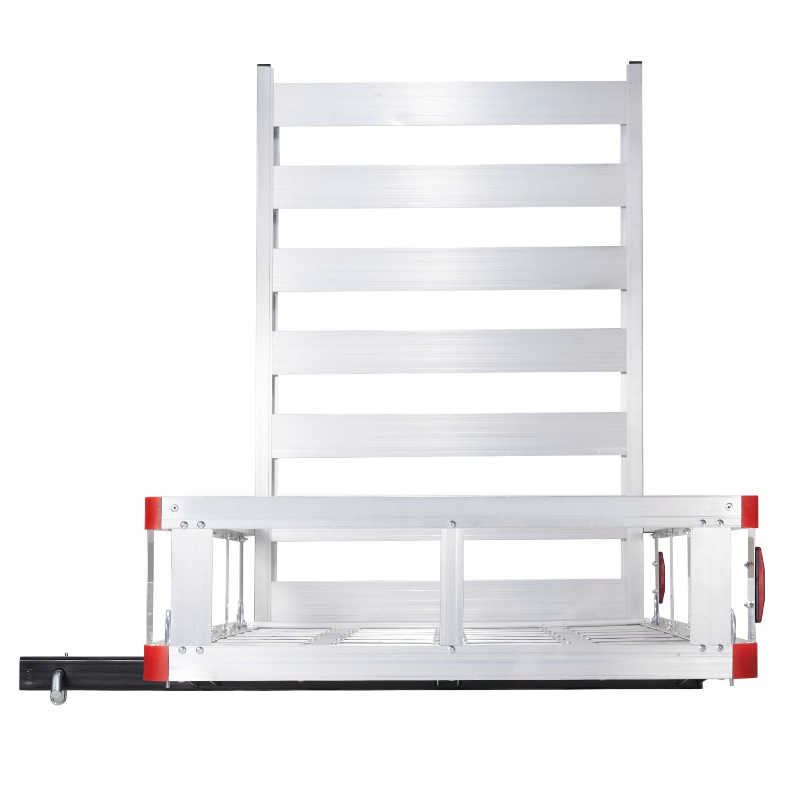 aluminum VEVOR hitch cargo carrier with rear reflectors and tall side walls for extra security.