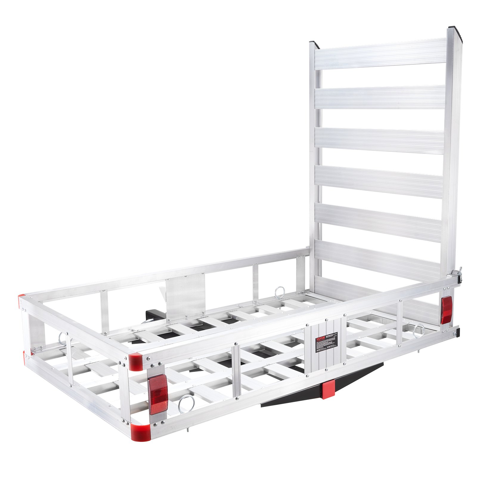 VEVOR hitch cargo carrier with aluminum frame and tail light reflectors.