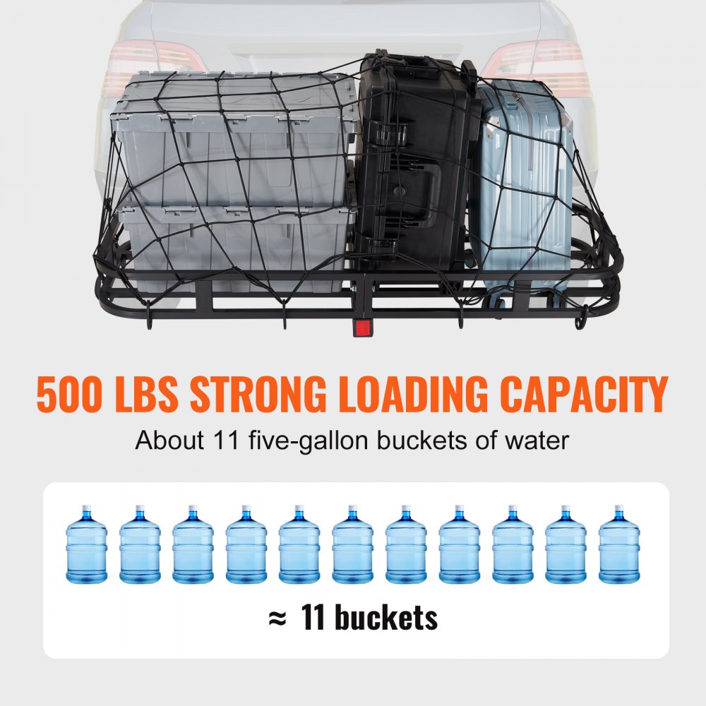 VEVOR Hitch Cargo Carrier, 53 x 19 x 5 in Trailer Hitch Mounted Steel Carrier Basket, 500lb Loading Luggage Carrier Rack with Stabilizer, Cargo Net, Straps, Fits 2" Hitch Receiver for SUV Truck Pickup