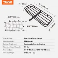 VEVOR Hitch Cargo Carrier, 53 x 19 x 5 in Trailer Hitch Mounted Steel Carrier Basket, 500lb Loading Luggage Carrier Rack with Stabilizer, Cargo Net, Straps, Fits 2" Hitch Receiver for SUV Truck Pickup