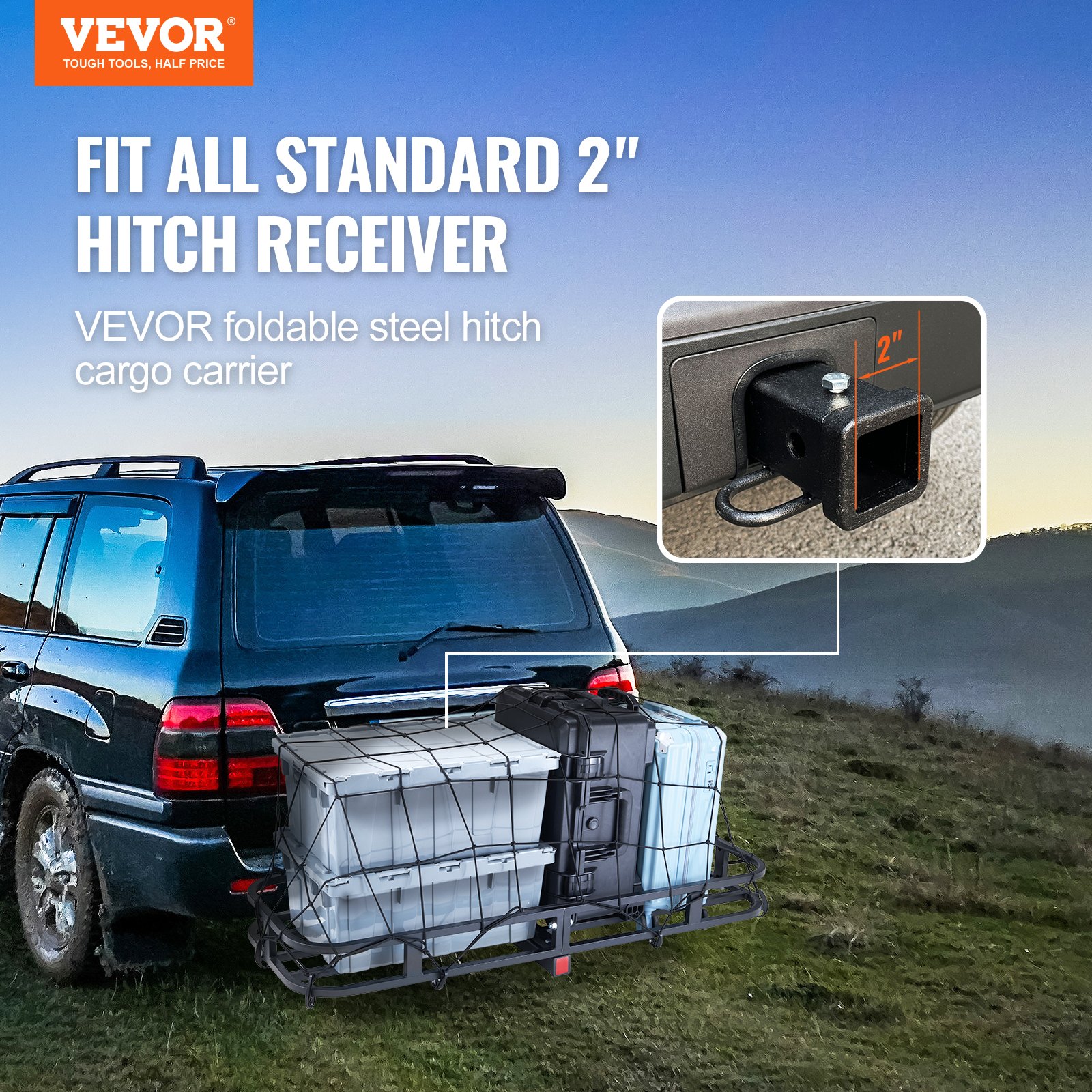 VEVOR Hitch Cargo Carrier, 53 x 19 x 5 in Trailer Hitch Mounted Steel Carrier Basket, 500lb Loading Luggage Carrier Rack with Stabilizer, Cargo Net, Straps, Fits 2" Hitch Receiver for SUV Truck Pickup