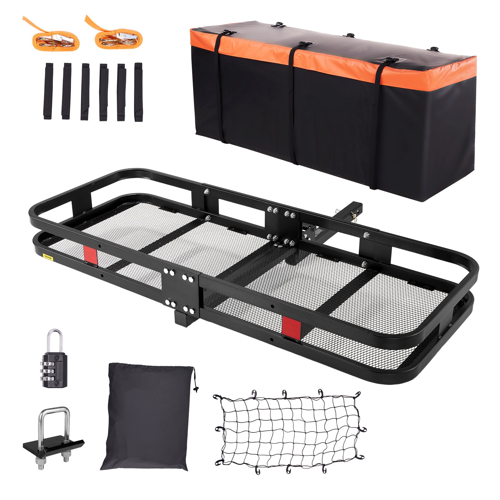 VEVOR 1524x610x152 mm/60*24*6 inch Hitch Mount Cargo Carrier, 227kg Capacity Folding Trailer Hitch Cargo Basket & Waterproof Cargo Bag, Luggage Carrier Rack Fits 2" Hitch Receiver with Net for SUV Truck Pickup