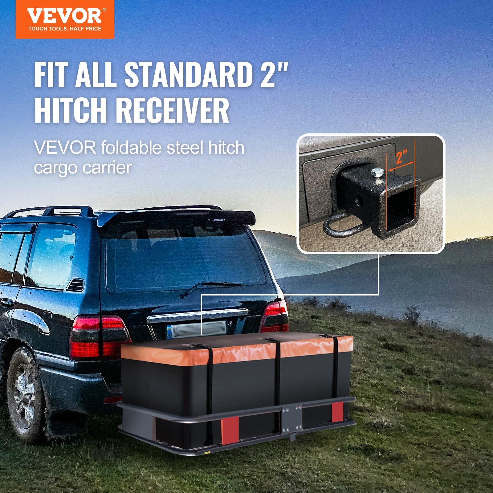 VEVOR Hitch Cargo Carrier, 60 x 24 x 6 in Folding Trailer Hitch Mounted Steel Cargo Basket, 500lb Luggage Carrier Rack with Waterproof Cargo Bag & Cargo Net, Fit 2" Hitch Receiver for SUV Truck Pickup