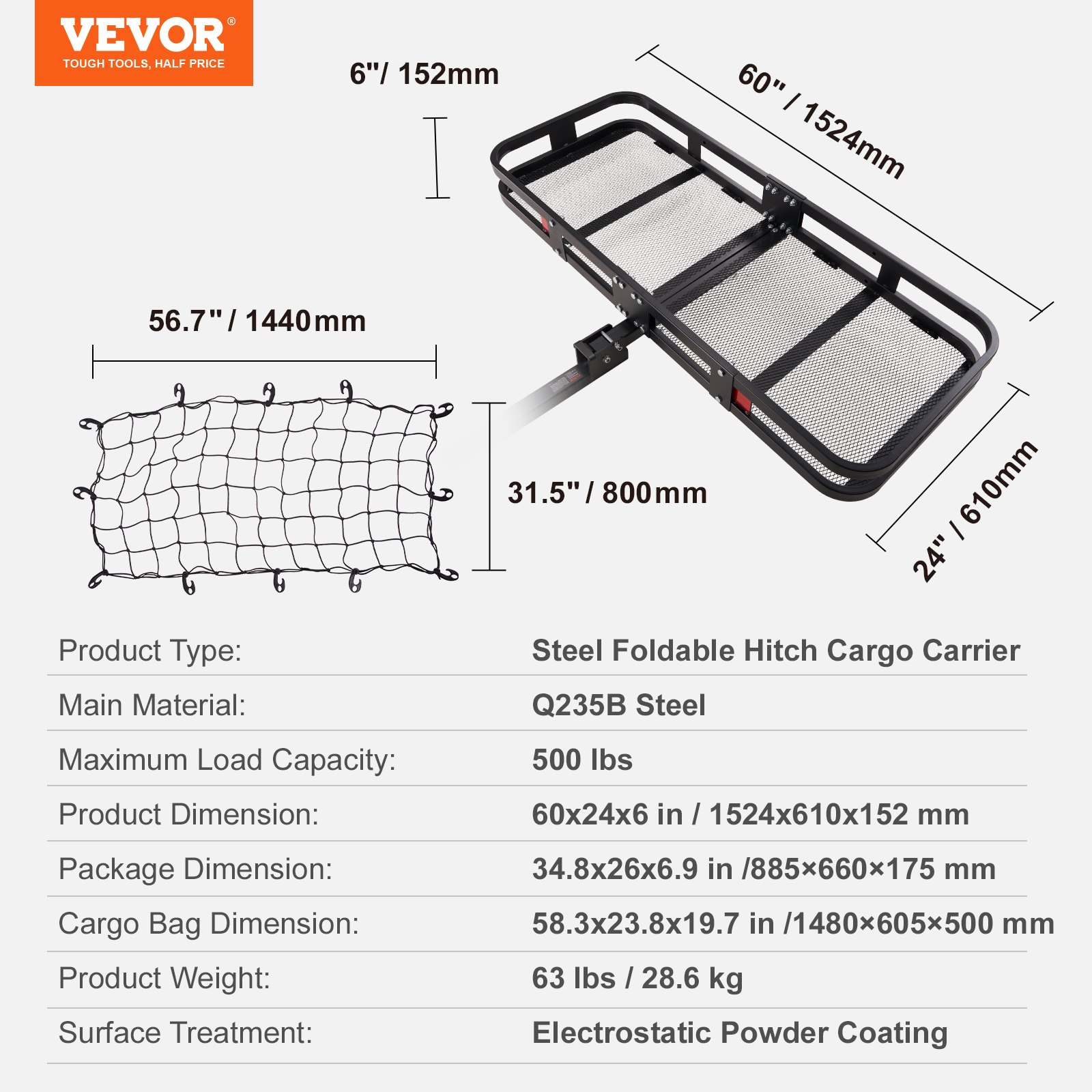 VEVOR Hitch Cargo Carrier, 60 x 24 x 6 in Folding Trailer Hitch Mounted Steel Cargo Basket, 500lb Luggage Carrier Rack with Waterproof Cargo Bag & Cargo Net, Fit 2" Hitch Receiver for SUV Truck Pickup