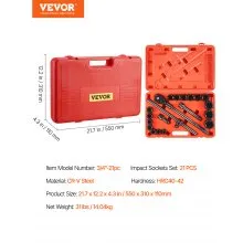 VEVOR 3/4 in Drive Impact Socket Set, 21 Pieces SAE 3/4 in to 2 in, 6 Point Cr-V Alloy Steel for Auto Repair, Easy-to-Read Size Markings, Includes Extension Bars, Ratchet Handle and Storage Case