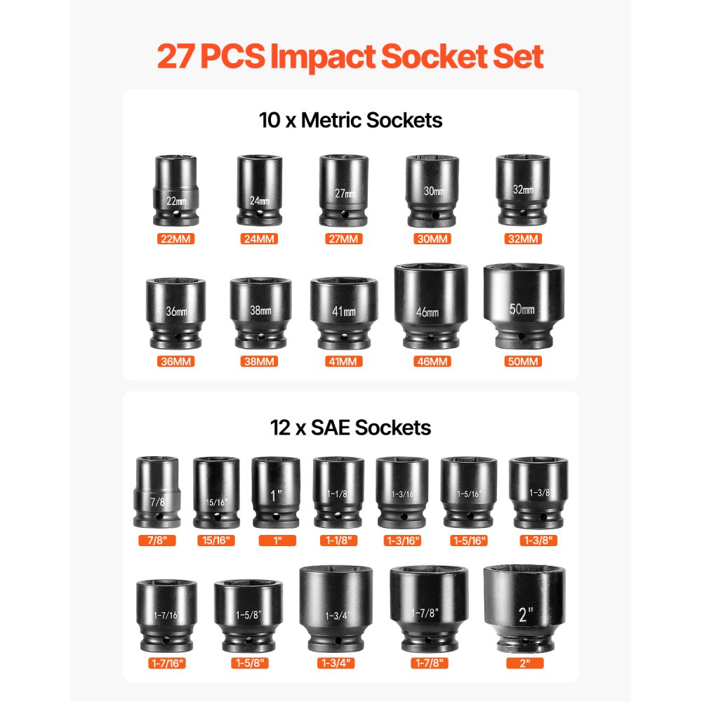 VEVOR 3/4 in Drive Impact Socket Set, 27 Pieces SAE 7/8 in to 2 in and Metric 22 mm to 50 mm, 6 Point Cr-V Alloy Steel for Auto Repair, Includes Extension Bars, Ratchet Handle and Storage Case