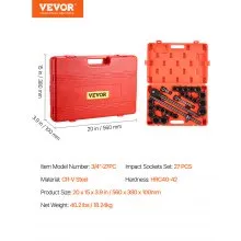 VEVOR 3/4 in Drive Impact Socket Set, 27 Pieces SAE 7/8 in to 2 in and Metric 22 mm to 50 mm, 6 Point Cr-V Alloy Steel for Auto Repair, Includes Extension Bars, Ratchet Handle and Storage Case