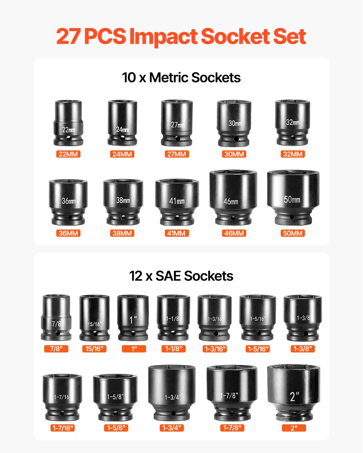 VEVOR 3/4 in Drive Impact Socket Set, 27 Pieces SAE 7/8 in to 2 in and Metric 22 mm to 50 mm, 6 Point Cr-V Alloy Steel for Auto Repair, Includes Extension Bars, Ratchet Handle and Storage Case